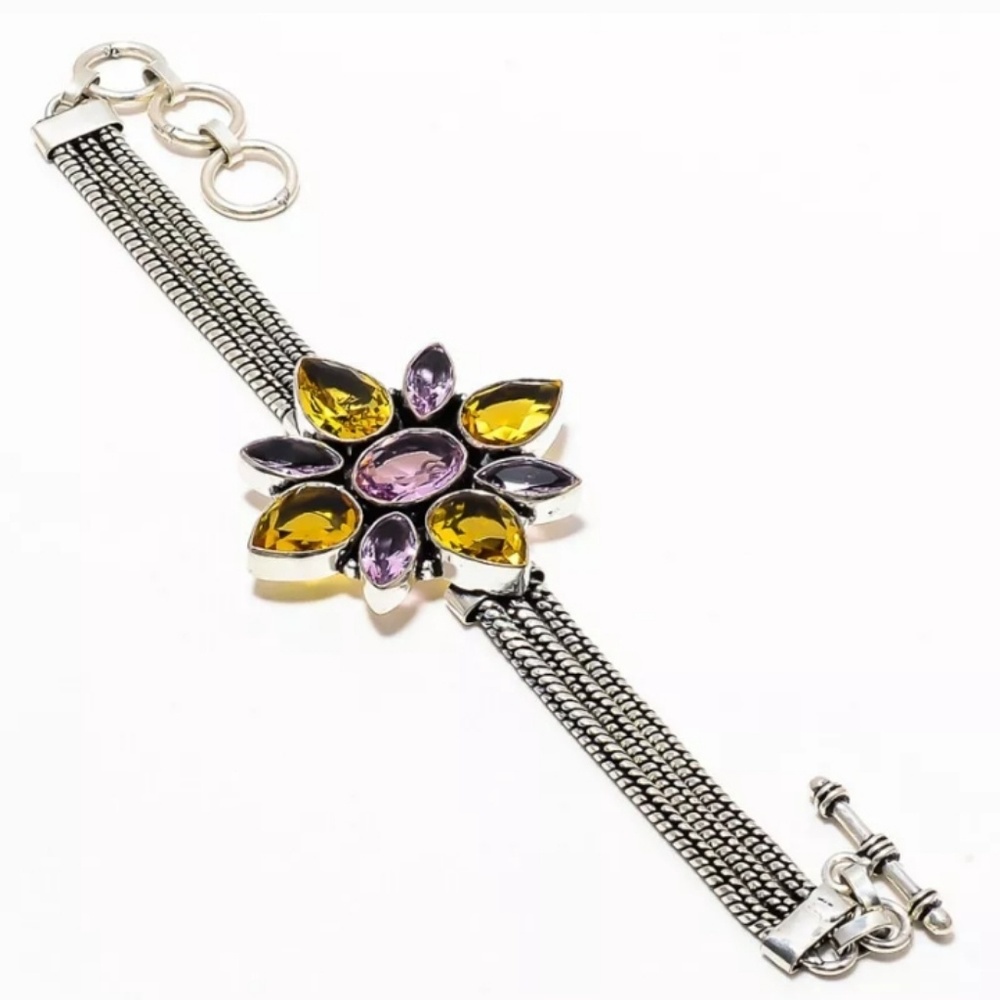 New Lemon Topaz, Amethyst Silver Bracelet.